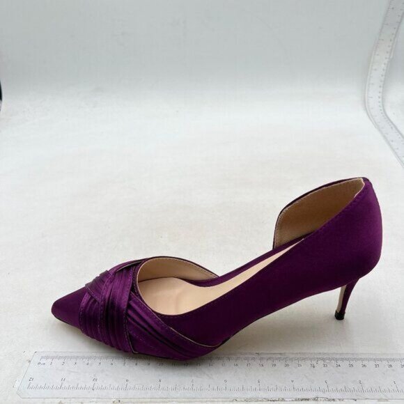 FSJ Women Low Kitten Heels Pointed Toe Slip on Pumps Pleated Satin Heels Purple - Picture 2 of 7